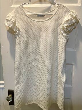 Molly Bracken White Eyelet Mini Dress with Ruffle Sleeves, Large
